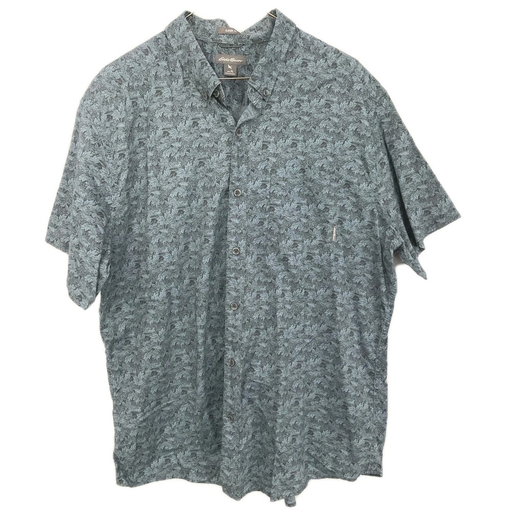 Eddie Bauer Shirt Mens XL Blue Floral Short Sleeve Button Down Cotton Casual EUC